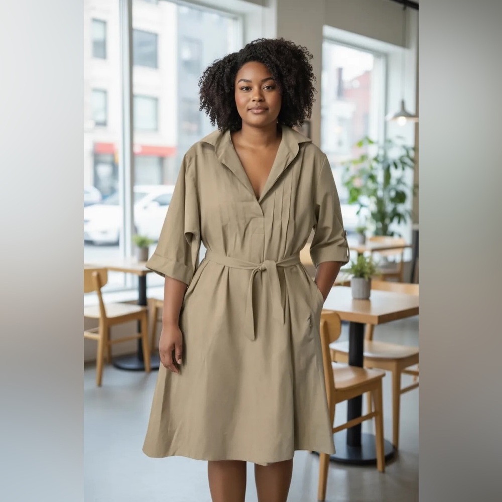 ILSE M. Khaki Full V-Neck Dress 16 Women Pull Over Belted Casual Office Fall‎